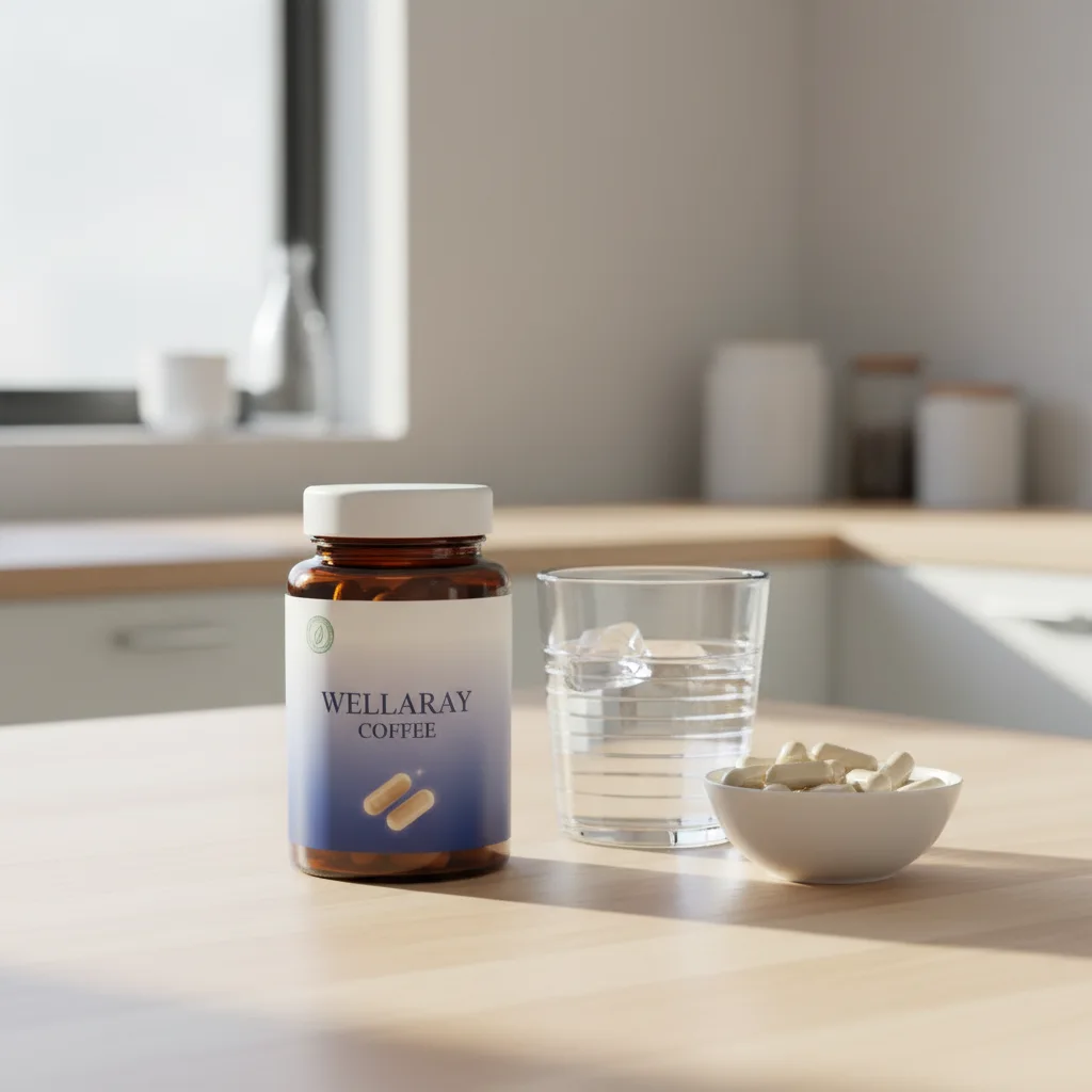 Wellaray Coffee Nahrungsergänzungsmittel Kaffee Supplement mit B-Vitaminen kaufen - Flatlay mit Kaffee und Produktverpackung